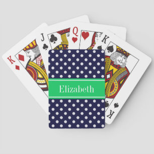 Jeu De Cartes Marine Blue Wt Polka Dot Emerald Nom vert Monogram