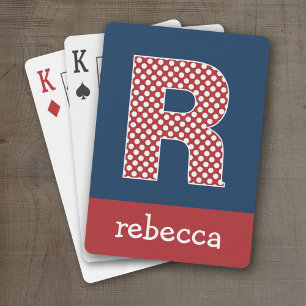 Jeu De Cartes Marine et Pois rouges avec lettre monogramme R