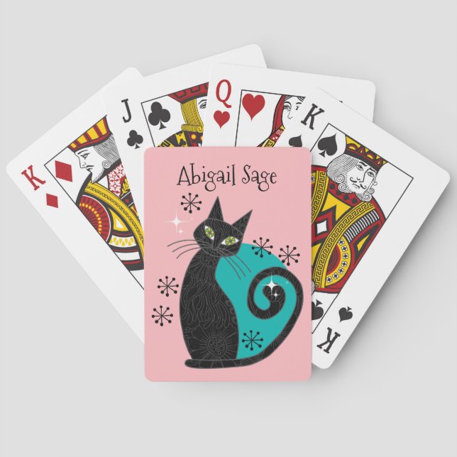 Jeu De Cartes Mi-siècle moderne Chat atomique rose bleu rétro (dos)