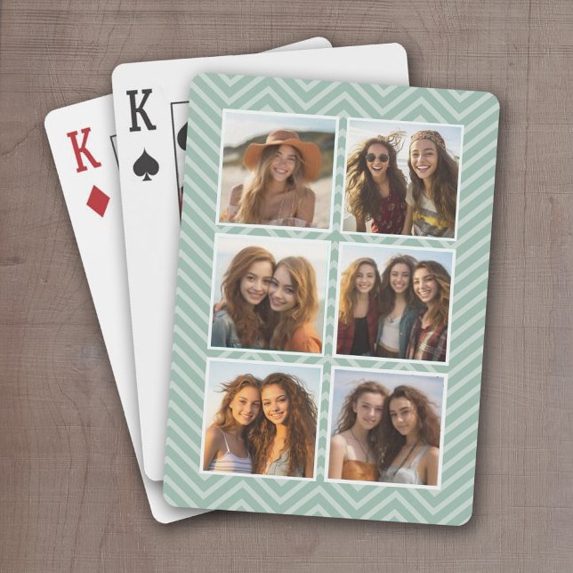 Jeu De Cartes Mint Chevron Motif avec Collage photo 6 tendance (Personalize this set of playing cards with a photo collage and and chevron pattern)