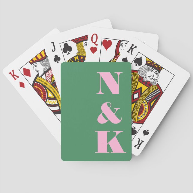 Jeu De Cartes Modern Monogram Pink Green Custom Wedding Favor (dos)