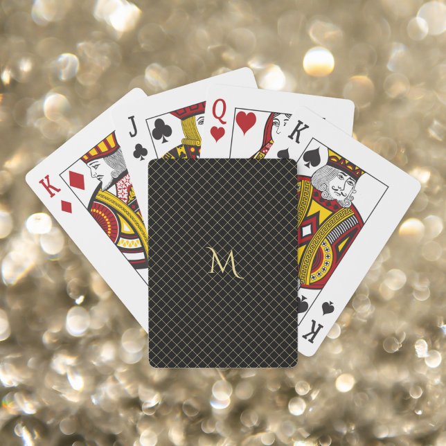 Jeu De Cartes Moderne Black Gold Monogramme Check Stripes Poker (Modern Black Gold Monogrammed Check Stripes Poker Playing Cards)