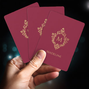 Jeu De Cartes Monogram Bourgogne Faux Gold Crest Élégant Vintage