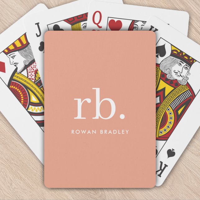 Jeu De Cartes Monogramme Corail Pêche Élégante Feminine Minimali (Feminine stylish coral peach unique monogram poker playing cards.)