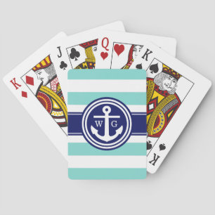 Jeu De Cartes Monogramme d'Ancre en bande de la marine Turquoise
