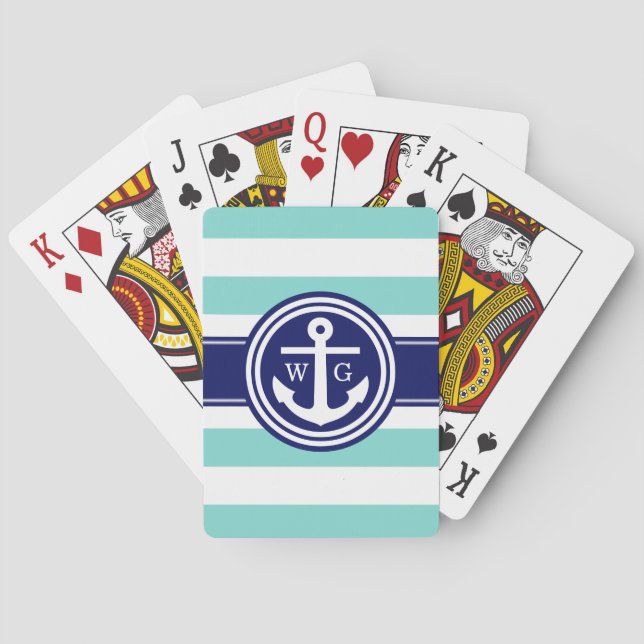 Jeu De Cartes Monogramme d'Ancre en bande de la marine Turquoise (dos)