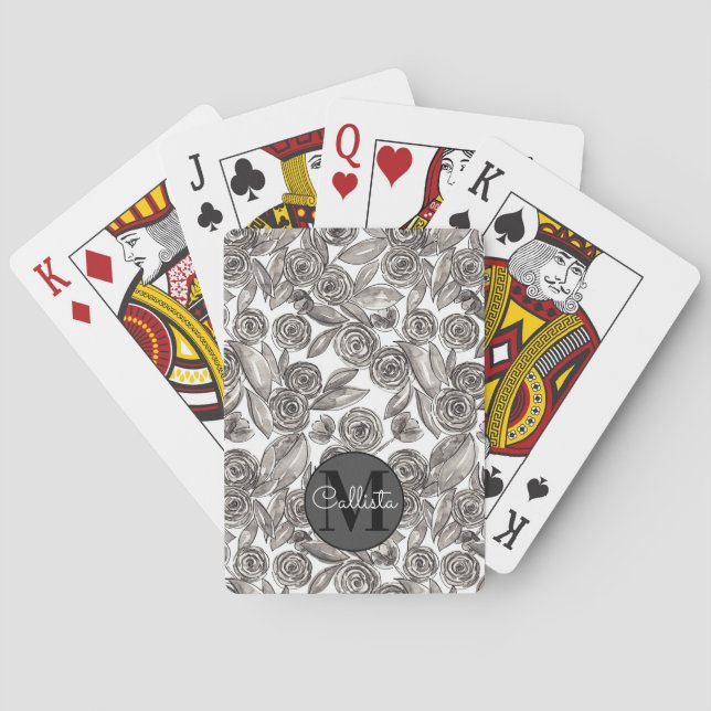 Jeu De Cartes Monogramme d'aquarelle florale noir moderne (dos)
