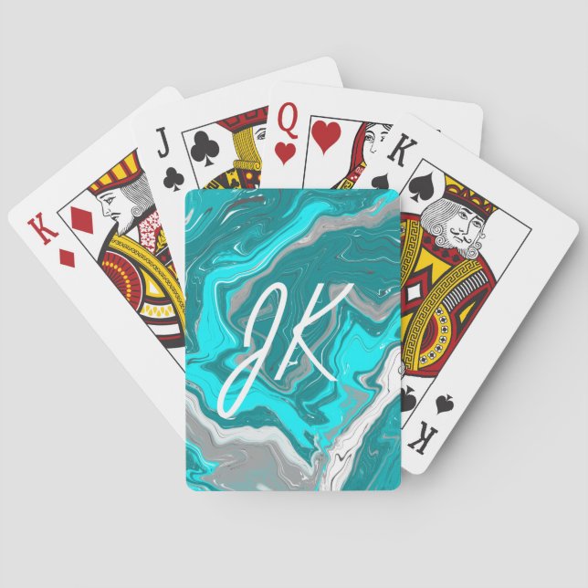 Jeu De Cartes Monogramme d'art fluvial en marbre bleu, Turquoise (dos)
