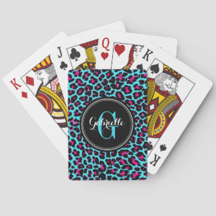 Jeu De Cartes Monogramme de léopard rose-chaud turquoise