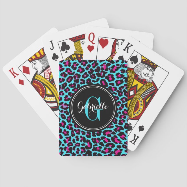 Jeu De Cartes Monogramme de léopard rose-chaud turquoise (dos)