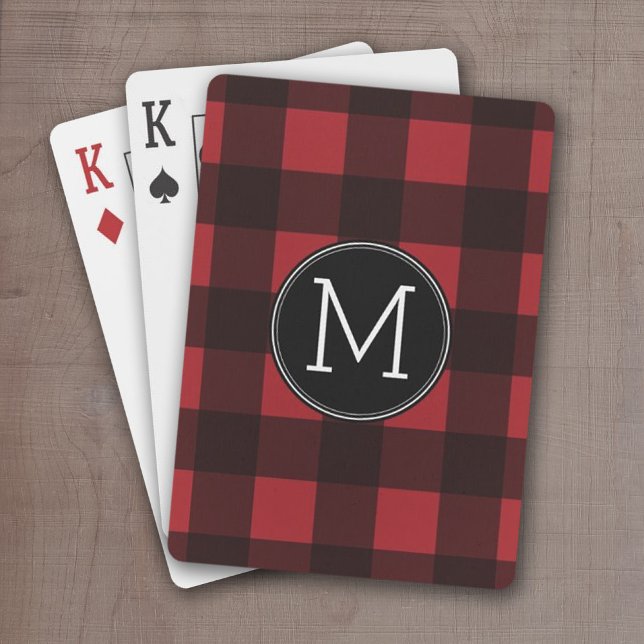 Jeu De Cartes Monogramme de Motif de Buffle Noir Rouge Rustique (Red and Black buffalo Check with monogram - personalized playing cards)