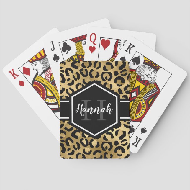Jeu De Cartes Monogramme de points de léopard noir or (dos)