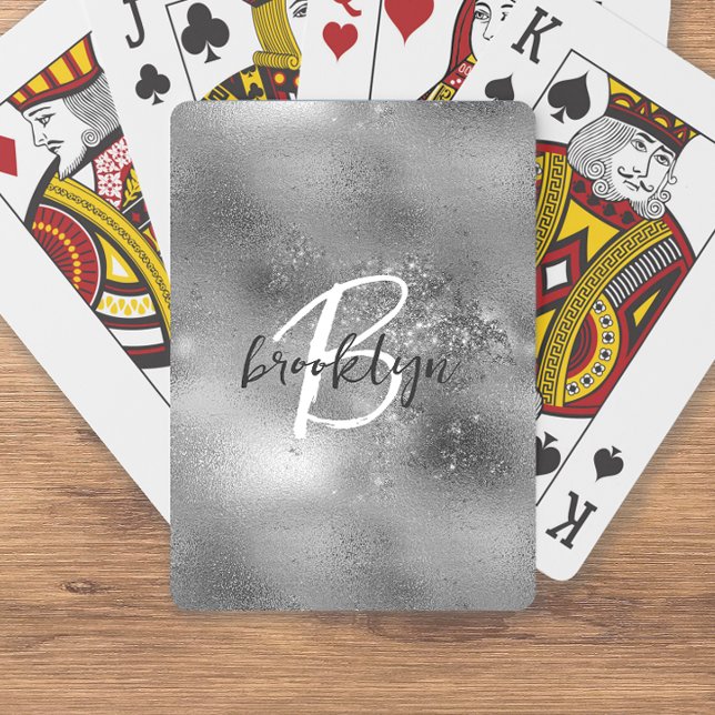 Jeu De Cartes Monogramme de script tendance Glam Silver (Créateur téléchargé)