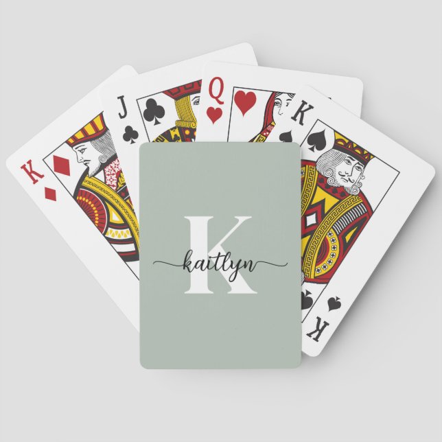 Jeu De Cartes Monogramme de script vert sauge (dos)