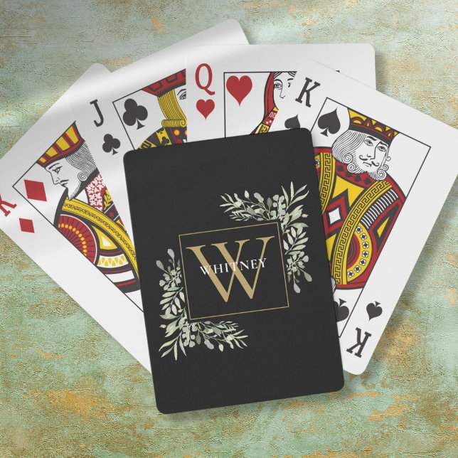 Jeu De Cartes Monogramme d'or noir vert Personnalisé (Black Gold Monogram Greenery Personalized Poker Cards)
