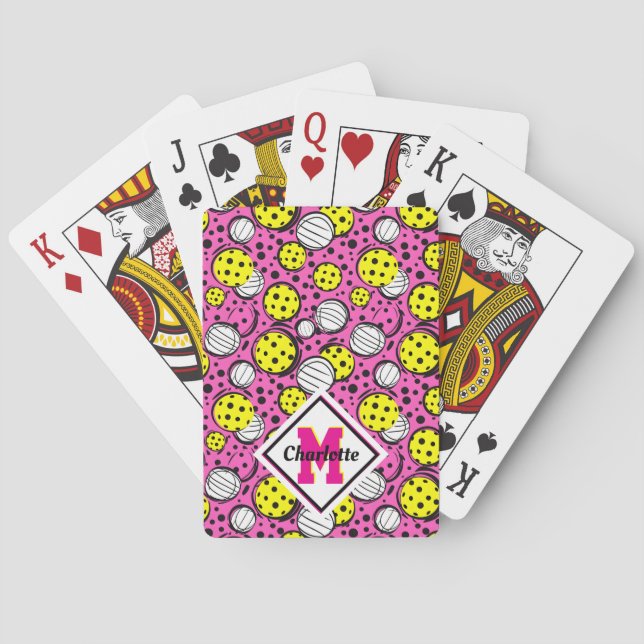 Jeu De Cartes Monogramme et nom boulettes jaunes sur rose (dos)
