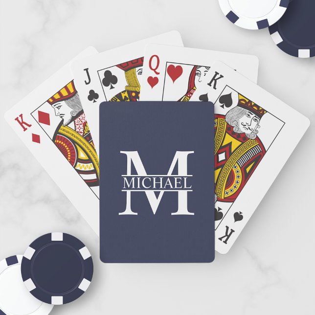 Jeu De Cartes Monogramme et nom personnalisés bleu marine (Créateur téléchargé)