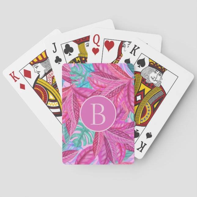 Jeu De Cartes Monogramme Feuille moderne rose et vert (dos)