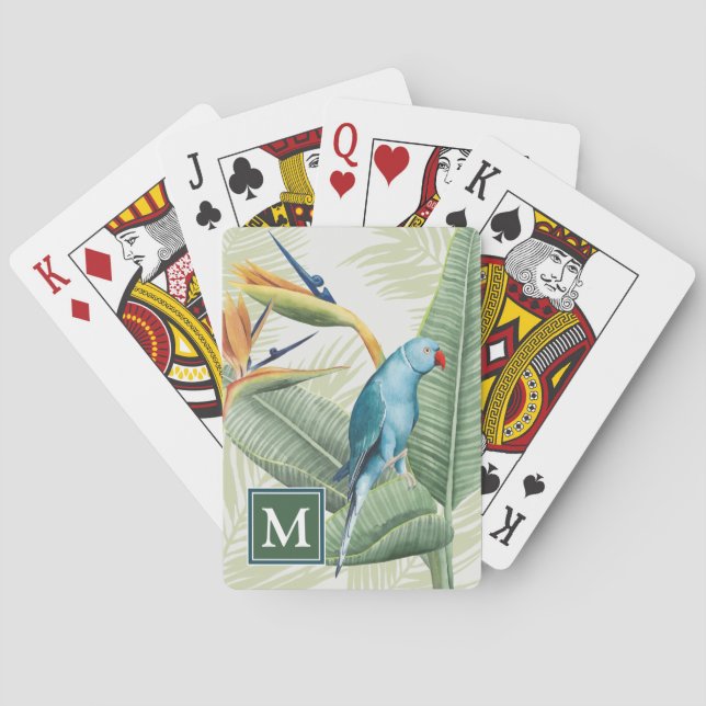 Jeu De Cartes Monogramme | Feuilles de palmiers à oiseaux bleus (dos)