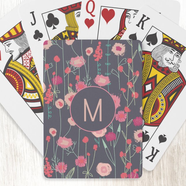 Jeu De Cartes Monogramme Floral rose noire (Personalized monogram initial boho dark floral playing cards)
