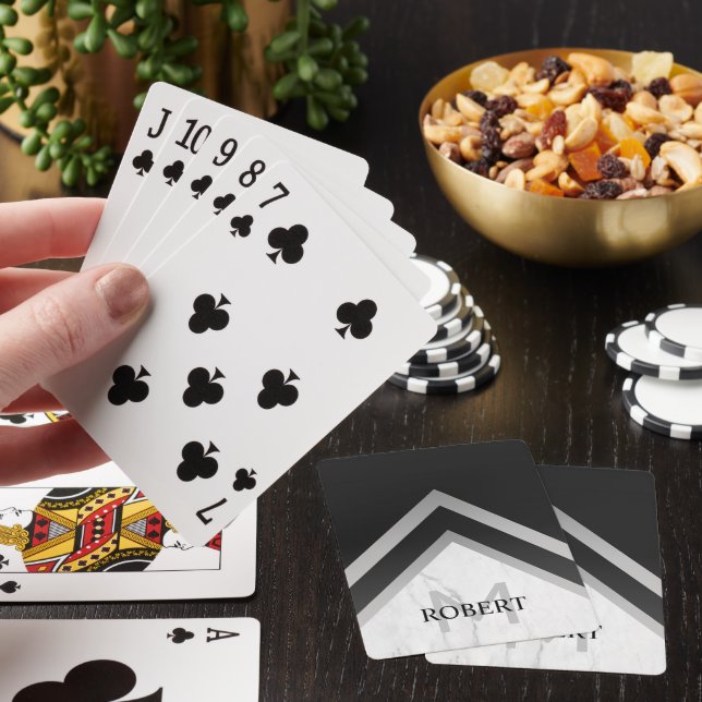 Jeu De Cartes Monogramme Géométrique Chevron Noir Marbre Argent (In Situ)