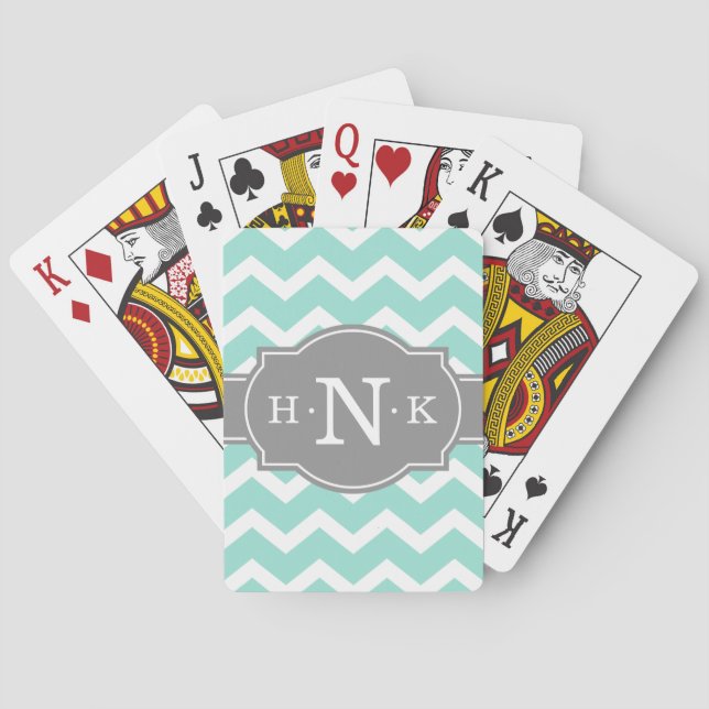Jeu De Cartes Monogramme Gris Chevron à la menthe (dos)
