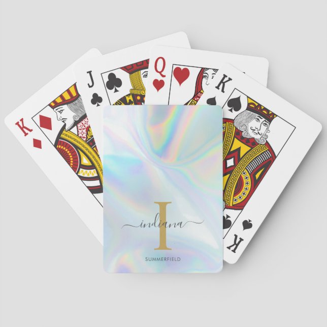 Jeu De Cartes Monogramme Holographique Or Initiale Nom Personnal (dos)