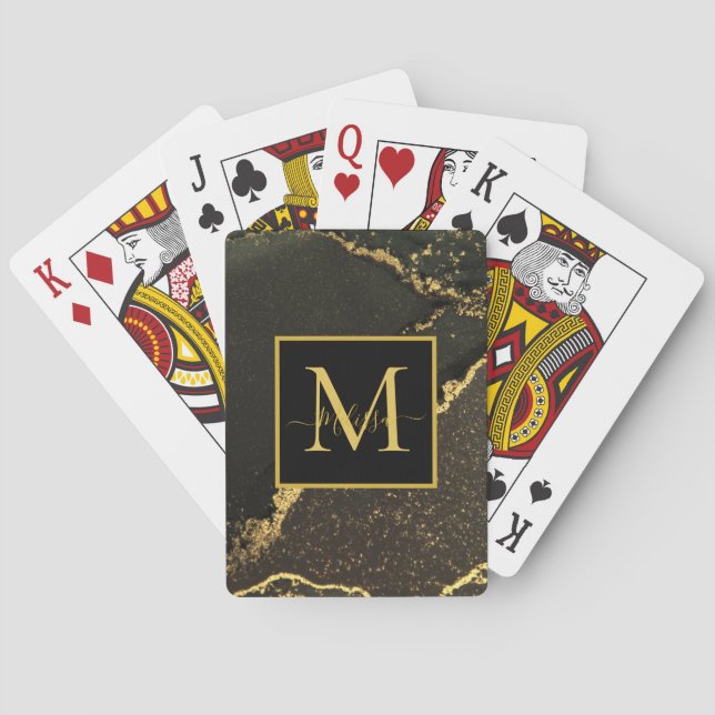 Jeu De Cartes Monogramme marbré noir et or moderne (dos)