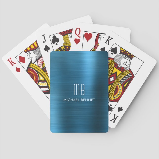 Jeu De Cartes Monogramme métallique brossé bleu élégant Nom (dos)