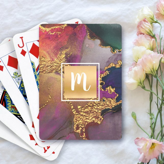 Jeu De Cartes Monogramme or violet marine vert aquarelle marbre (Créateur téléchargé)