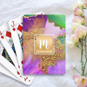 Jeu De Cartes Monogramme or violet vert agate aquarelle gras 
