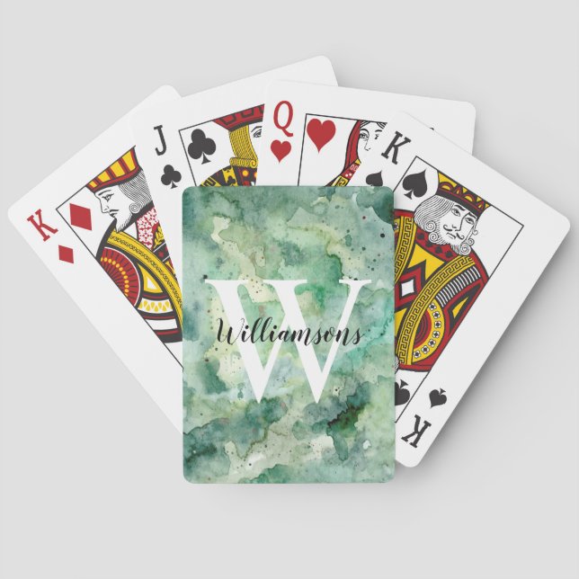 Jeu De Cartes Monogramme personnalisé et nom Aquarelle verte (dos)
