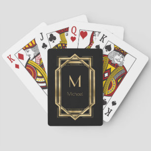 Jeu De Cartes Monogramme personnalisé noir et or   Géométrique