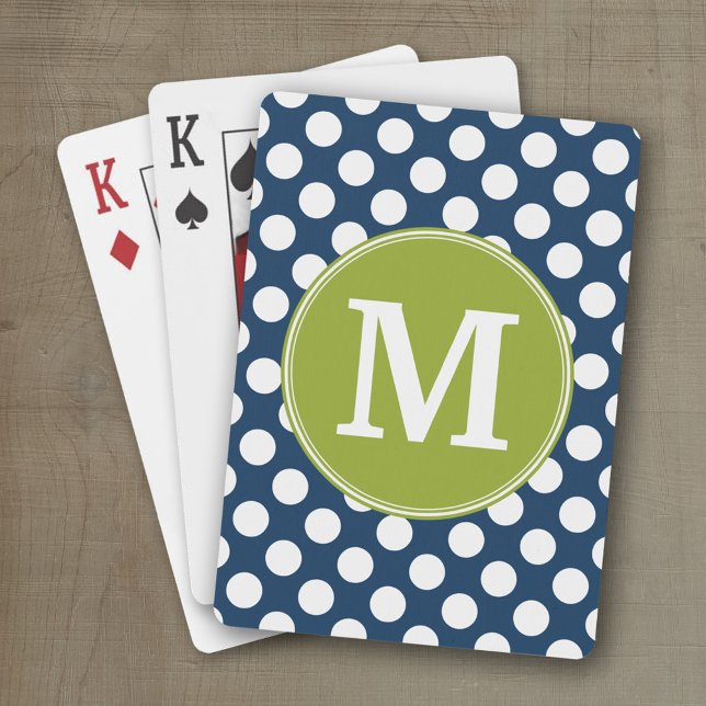 Jeu De Cartes Monogramme personnalisé Pois bleu marine et vert c (Personalized playing cards)