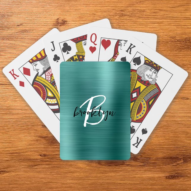 Jeu De Cartes Monogramme turquoise en métal brossé noir blanc (Créateur téléchargé)
