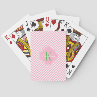 Jeu De Cartes Monogramme vert de l'Herringbone rose