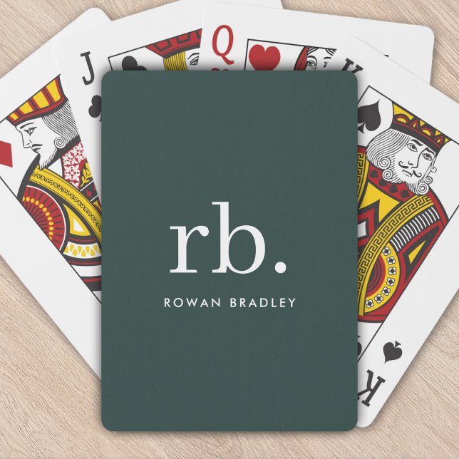 Jeu De Cartes Monogramme vert foncé élégant minimaliste moderne (Stylish dark green custom monogram poker playing cards, for business or personal use.)