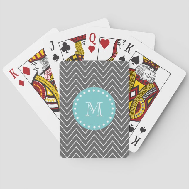 Jeu De Cartes Motif Charcoal Grey Chevron | Monogramme Turquoise (dos)