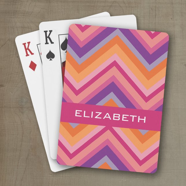 Jeu De Cartes Motif Chevron rose chaud violet orange (Personalized playing cards with a fun area to add text such as a name or monogram)
