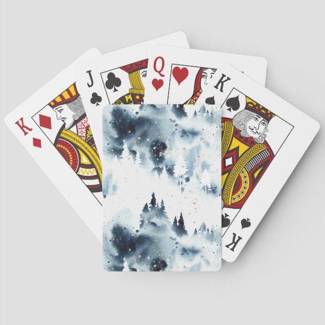 Jeu De Cartes Motif d'aquarelle de la forêt bleue de minuit (dos)