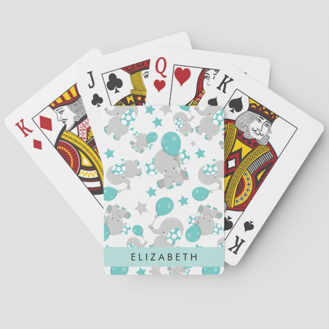 Jeu De Cartes Motif D'Eléphants, Eléphants Mignons, Votre Nom (dos)