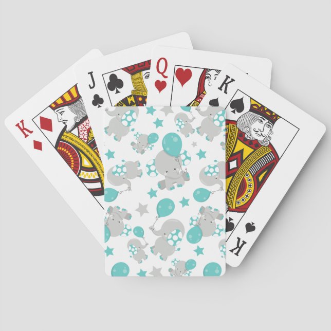 Jeu De Cartes Motif Des Eléphants, Eléphants Mignons - Gris Bleu (dos)