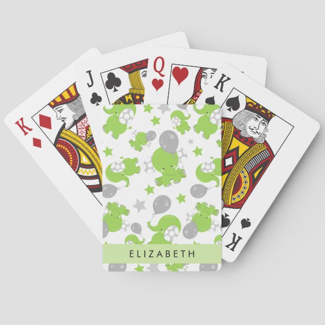 Jeu De Cartes Motif Des Eléphants Verts, Étoiles, Votre Nom (dos)