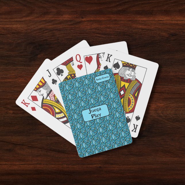 Jeu De Cartes Motif Feuille bleu Bilingue Play-Juega & Nom (Bilingual classic cards "play-Juega" custom text and name personalized multilingual project)