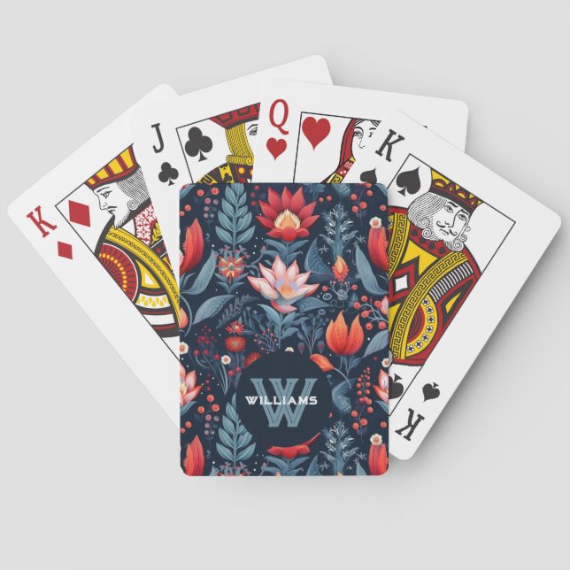 Jeu De Cartes Motif floral foncé avec monogramme personnalisé  (dos)