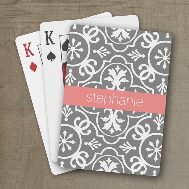 Jeu De Cartes Motif géométrique gris et blanc avec nom personnal (Personalized playing cards with a geometric pattern and a place for a name)