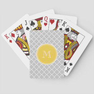 Jeu De Cartes Motif gris de Quatrefoil, monogramme jaune