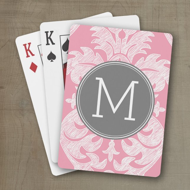 Jeu De Cartes Motif Pastel rose et gris Damas Motif personnalisé (Personalized playing cards with an area for text such as a name or monogram)
