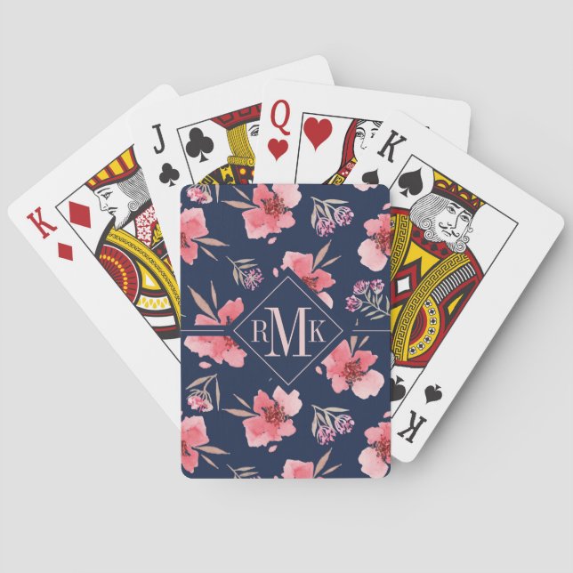 Jeu De Cartes Motif rose foncé d'aquarelle du monogramme | (dos)