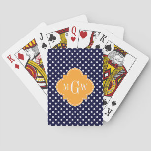 Jeu De Cartes Navy Wt Polka Dot Cantaloupe Quatrefoil 3 monogram